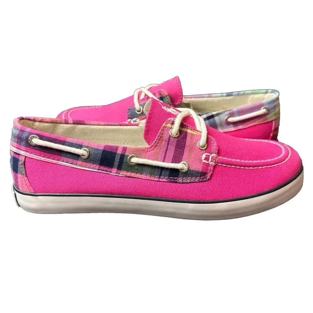 Polo Ralph Lauren Junior Size 6.5 Girls Sander Canvas Boat Shoes Hot Pink/Plaid.